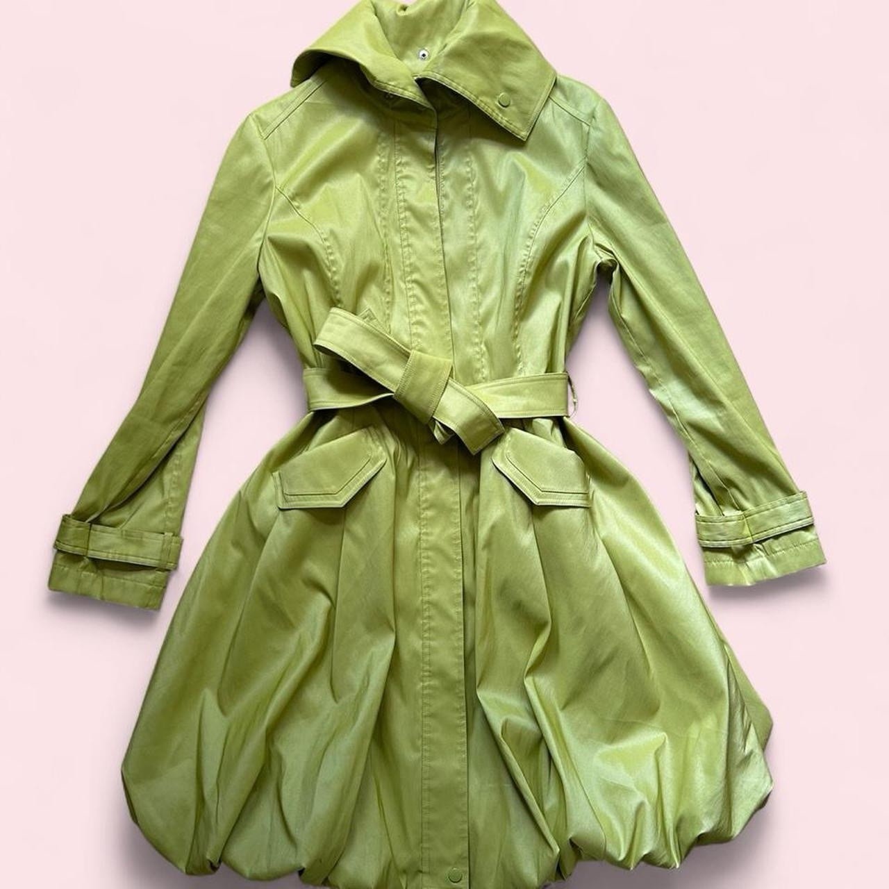 Vintage y2k D&Y Green Satin Bubble Hem Trench Coat Jacket Belted Collar