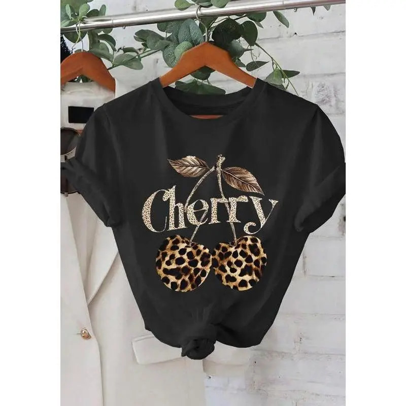Cherry Graphic T-Shirt Leopard Print Cute Aesthetic Tee Women Casual Trendy Top