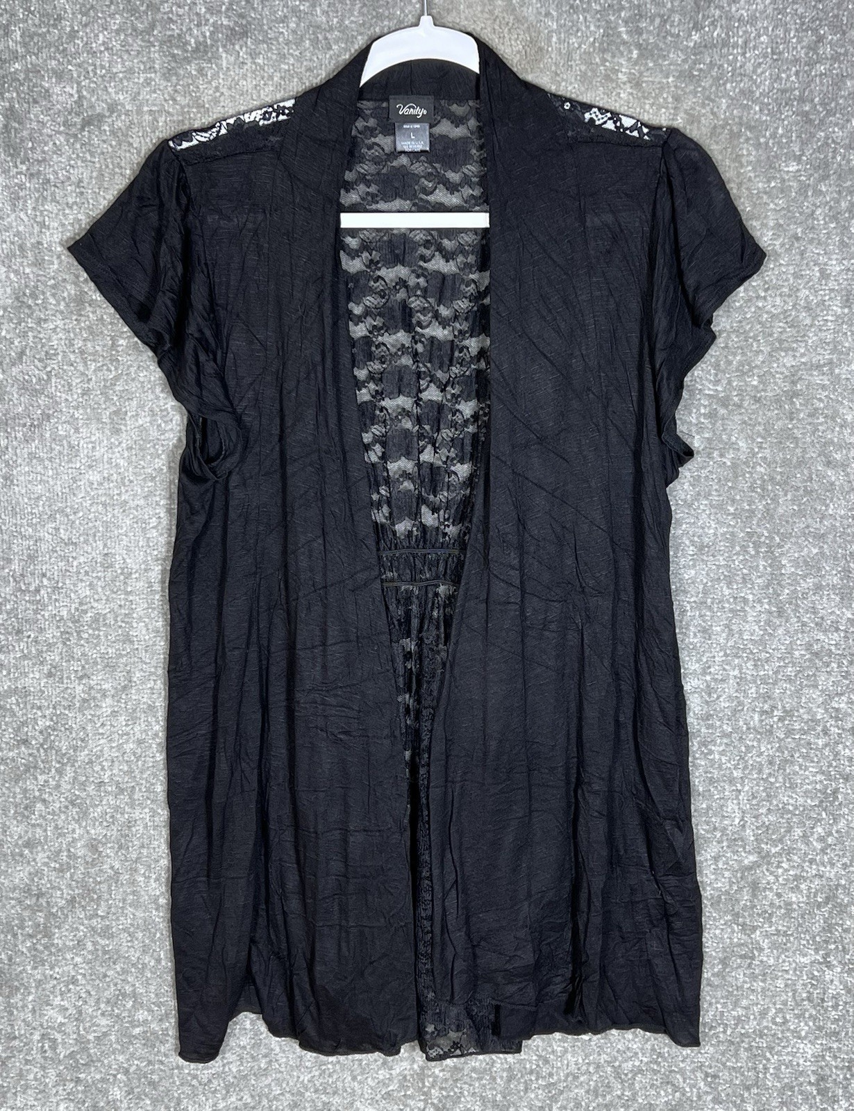 Vanity Sheer Floral Lace Open Front Top Womens Sz L Black Rayon Slub Whimsigoth