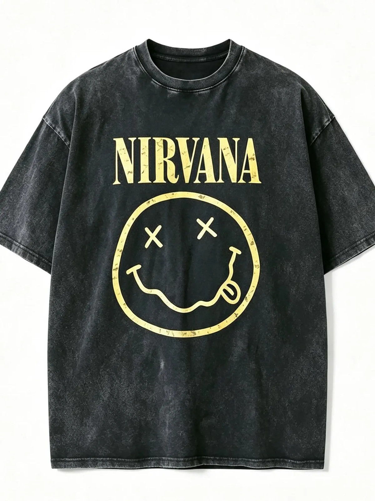 Retro Nirvana Classic X-Eye Smile Pattern Rock Large Washed T-shirt