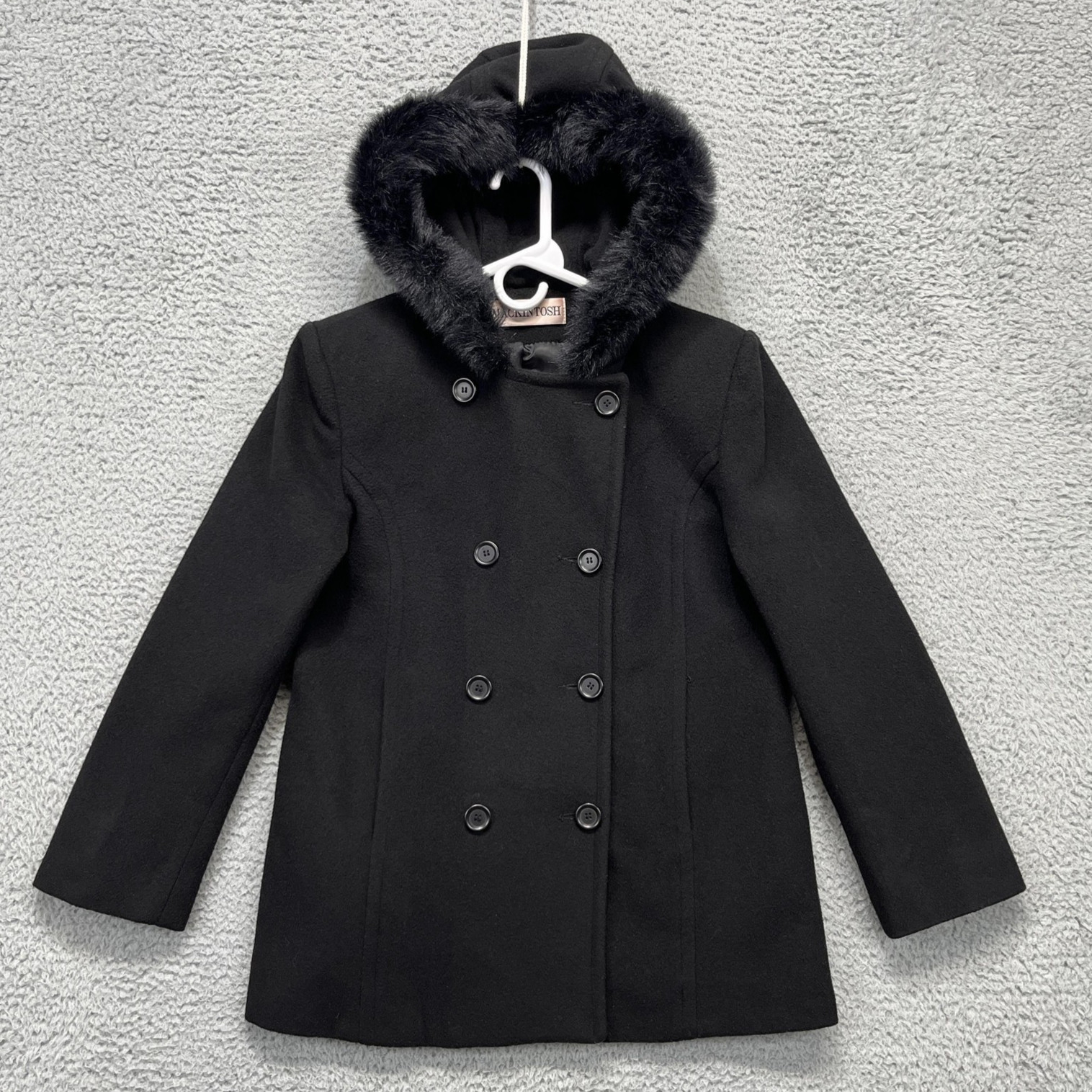 Mackintosh Pea Coat Womens Small Black Wool Faux Fur Hood Double Breasted USA