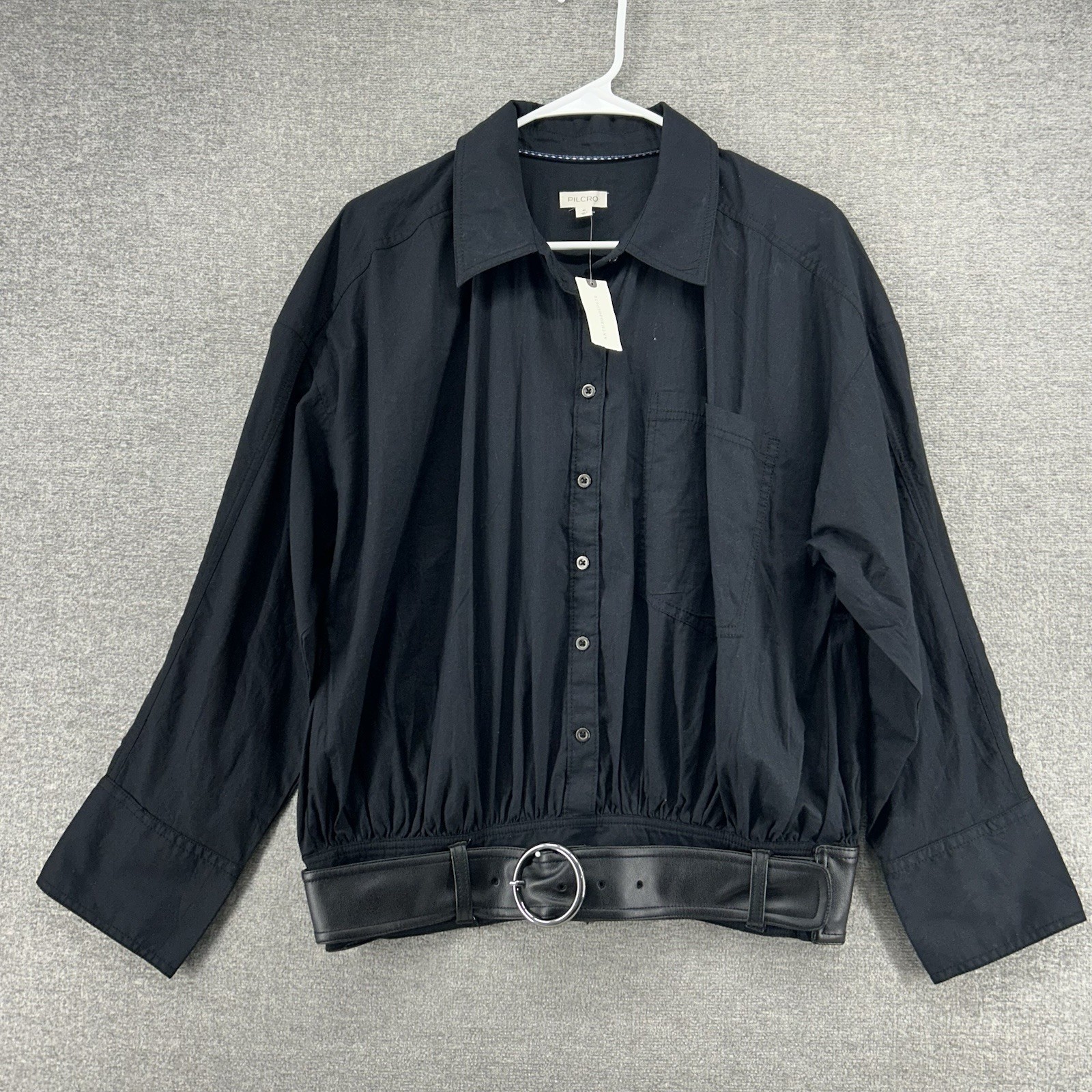 Pilcro Top Blouse Pullover Women Size Medium Black Long Sleeve Belted NEW
