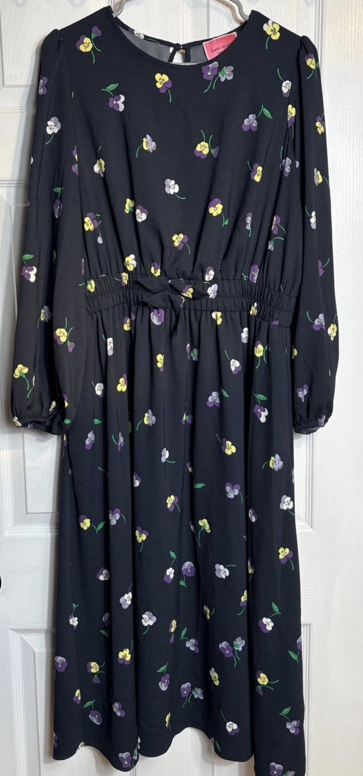 Kate Spade New York L Black Floral Flowy Midi Dress Long Sleeve Round Neck Bow