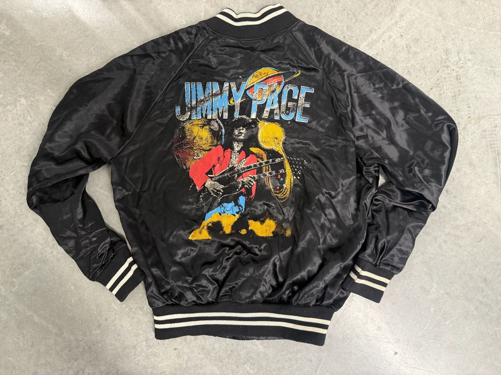 Vintage Jimmy Page Satin Bomber Jacket Size M Black Music Tour
