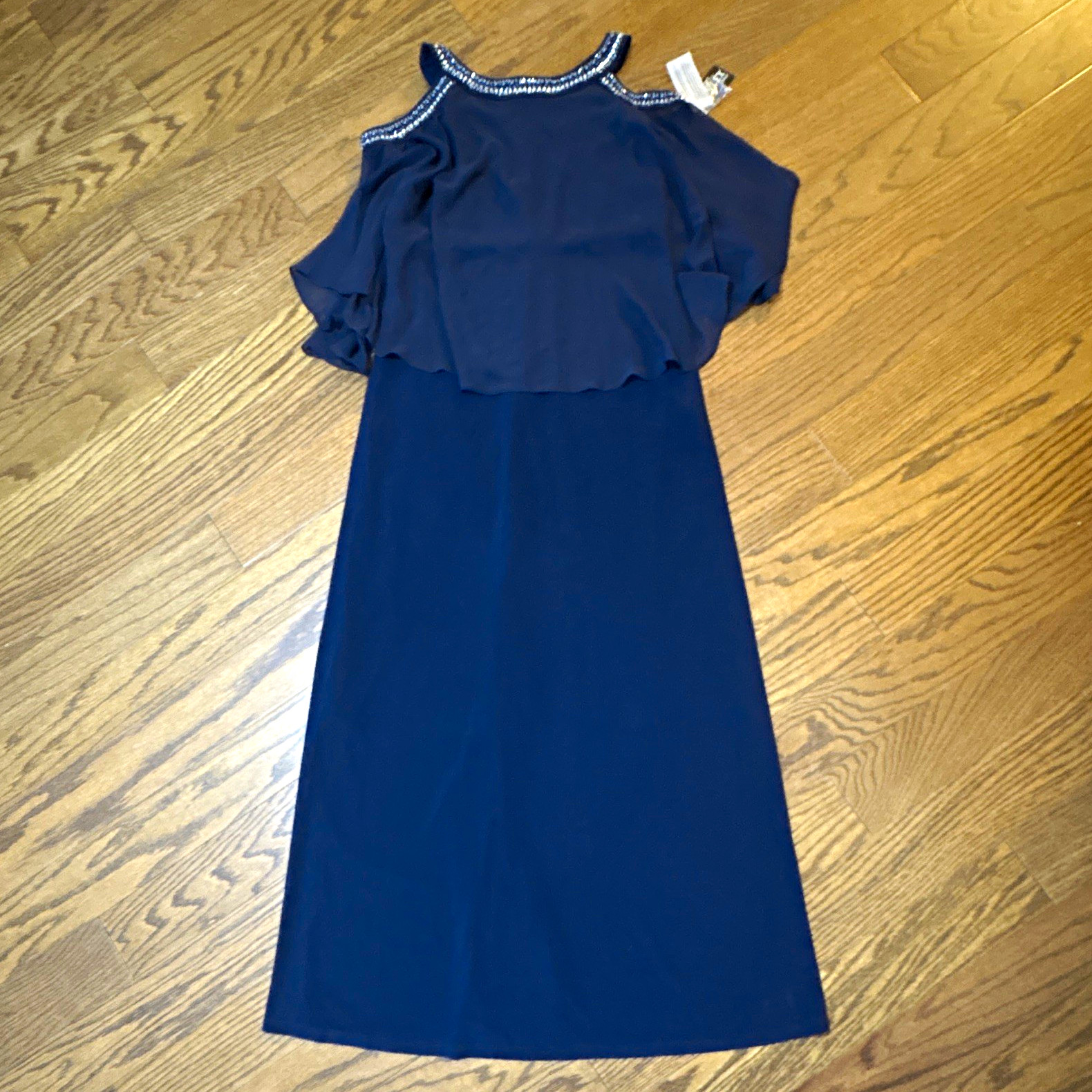 Alex Evenings Blue Beaded Cold Shoulder Chiffon Long Gown 3/4 Sleeve Sz 14