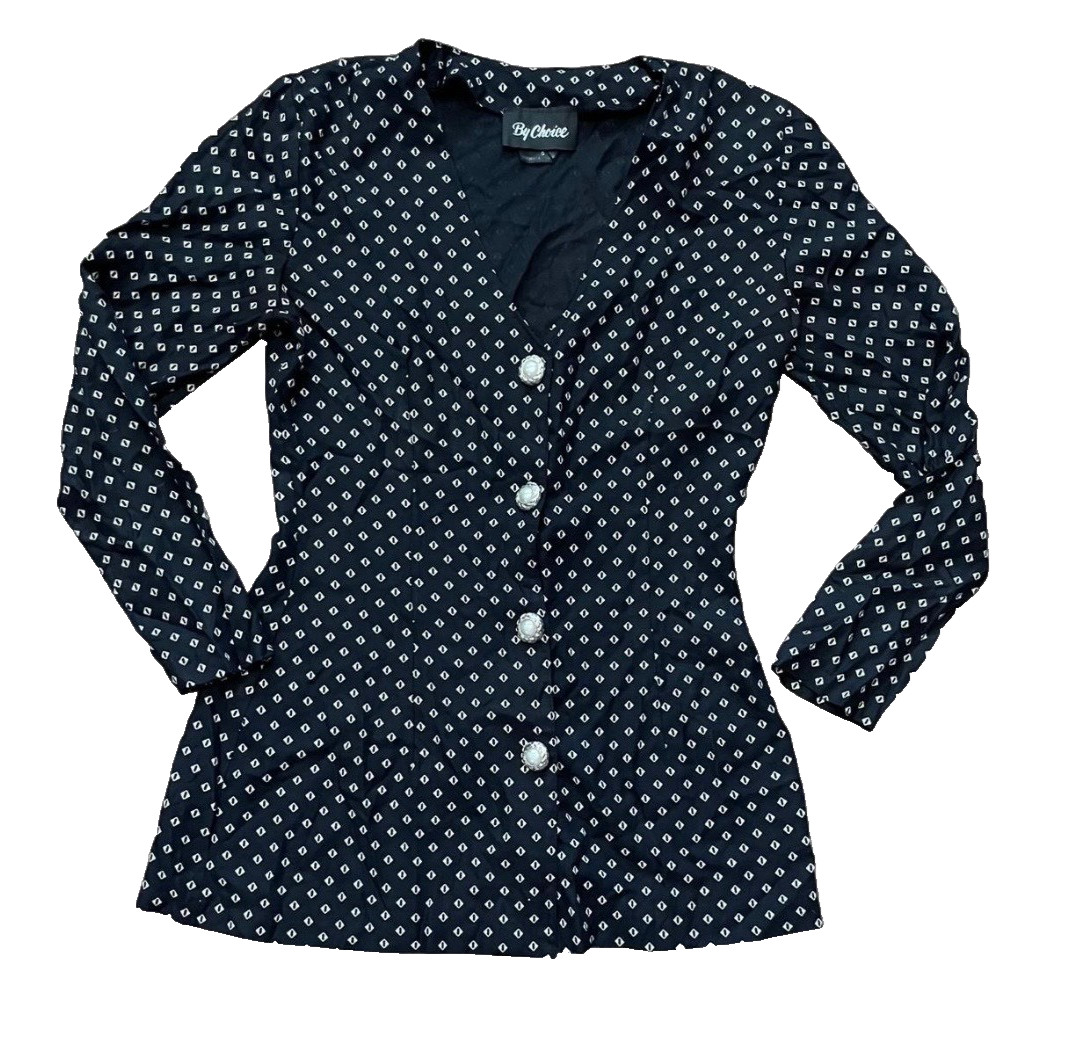 By Choice Women\'s Small Navy Geometric Print Vintage Blouse Pearl Style Buttons