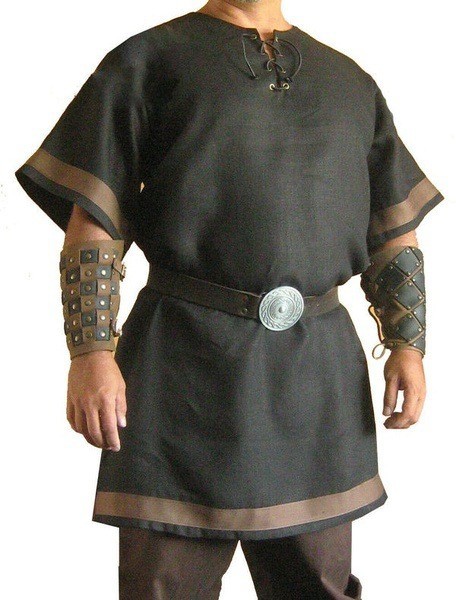 Black Brown Trim Medieval Viking Tunic Short Sleeve Lace Up Costume Top M