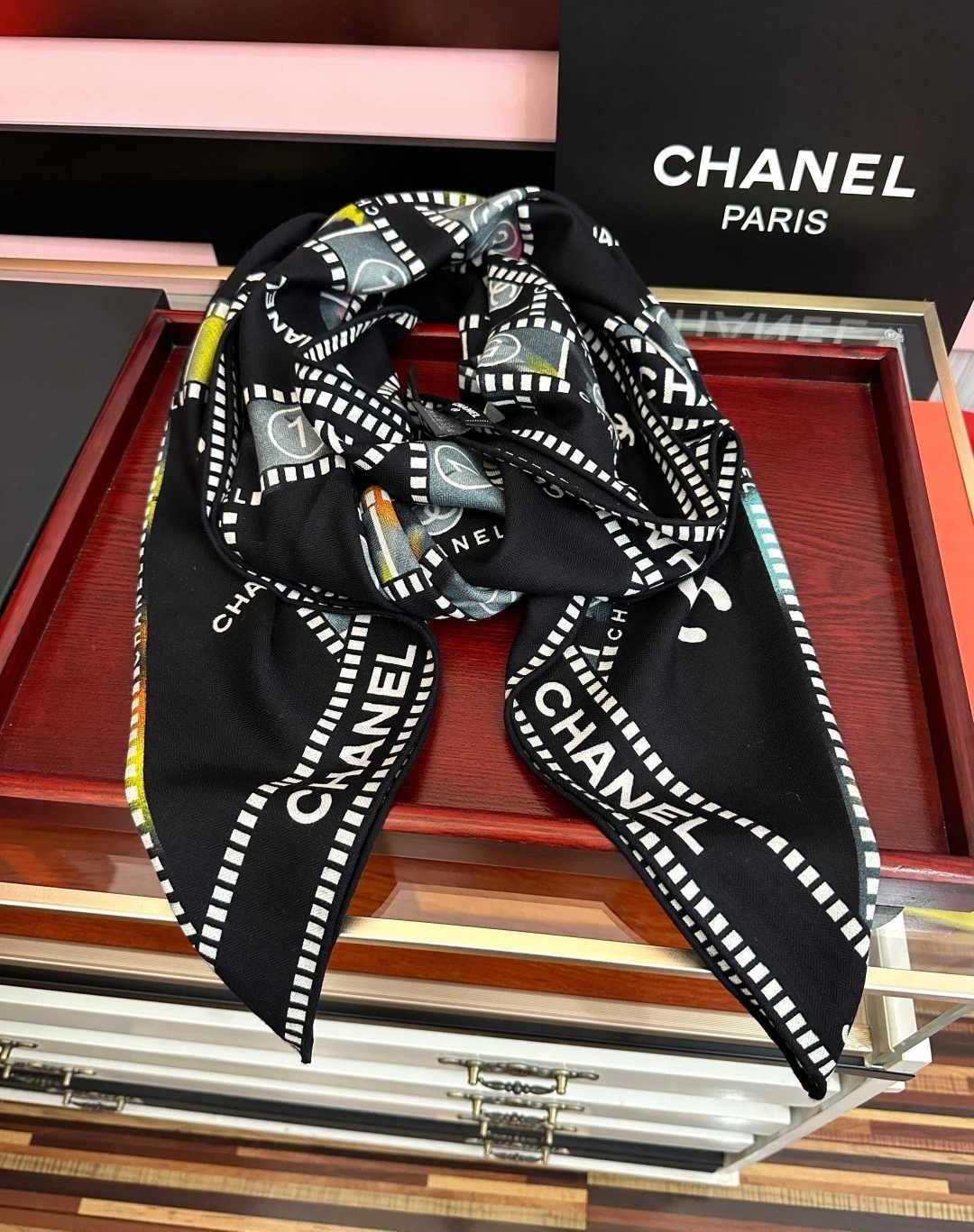 CHANEL Silk Cashmere Scarf Black Multicolor CC Logo 140x140cm