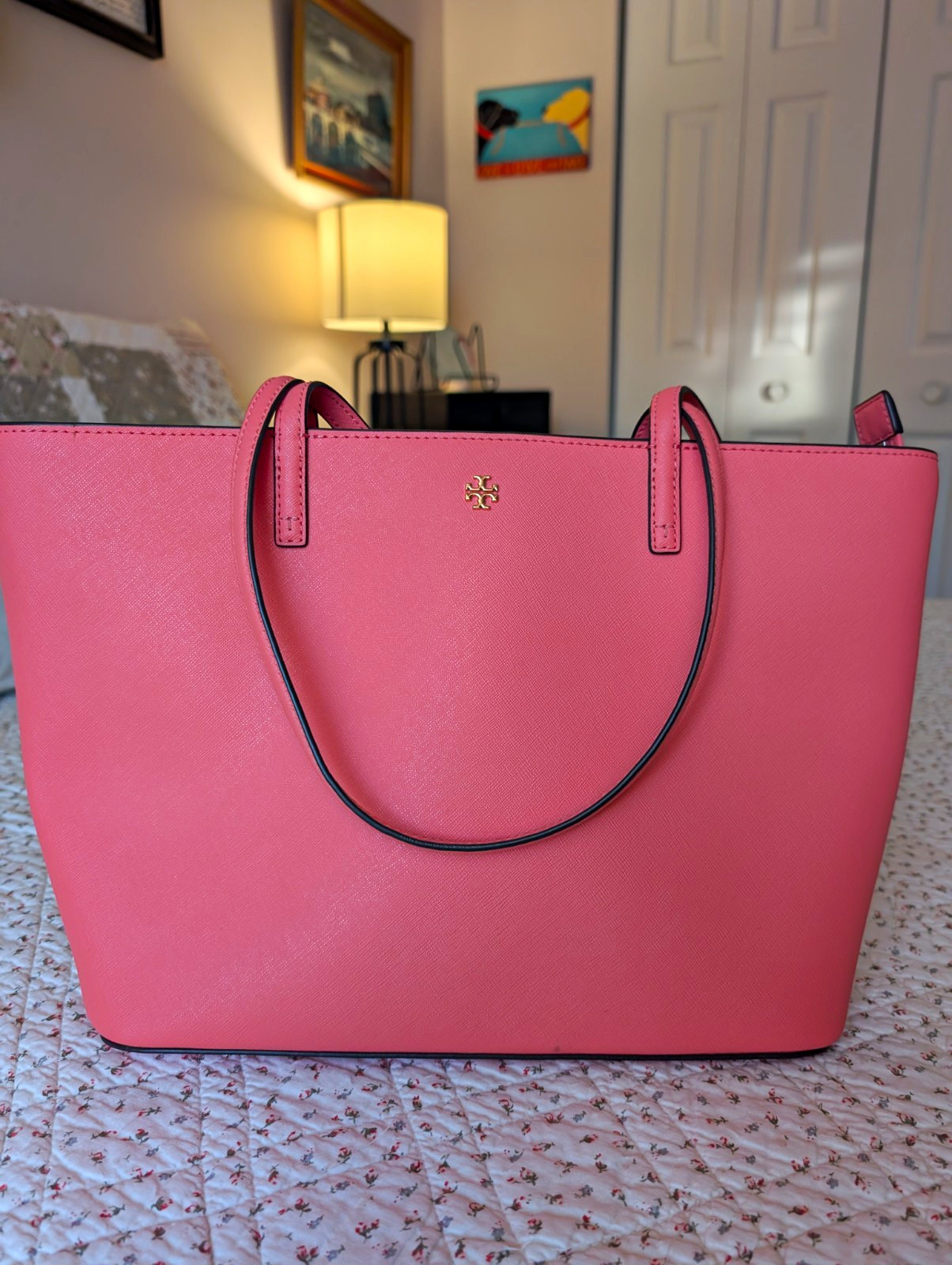 Tory Burch Pink Saffiano Leather Zip Top Tote w/ Detachable Strap, Logo