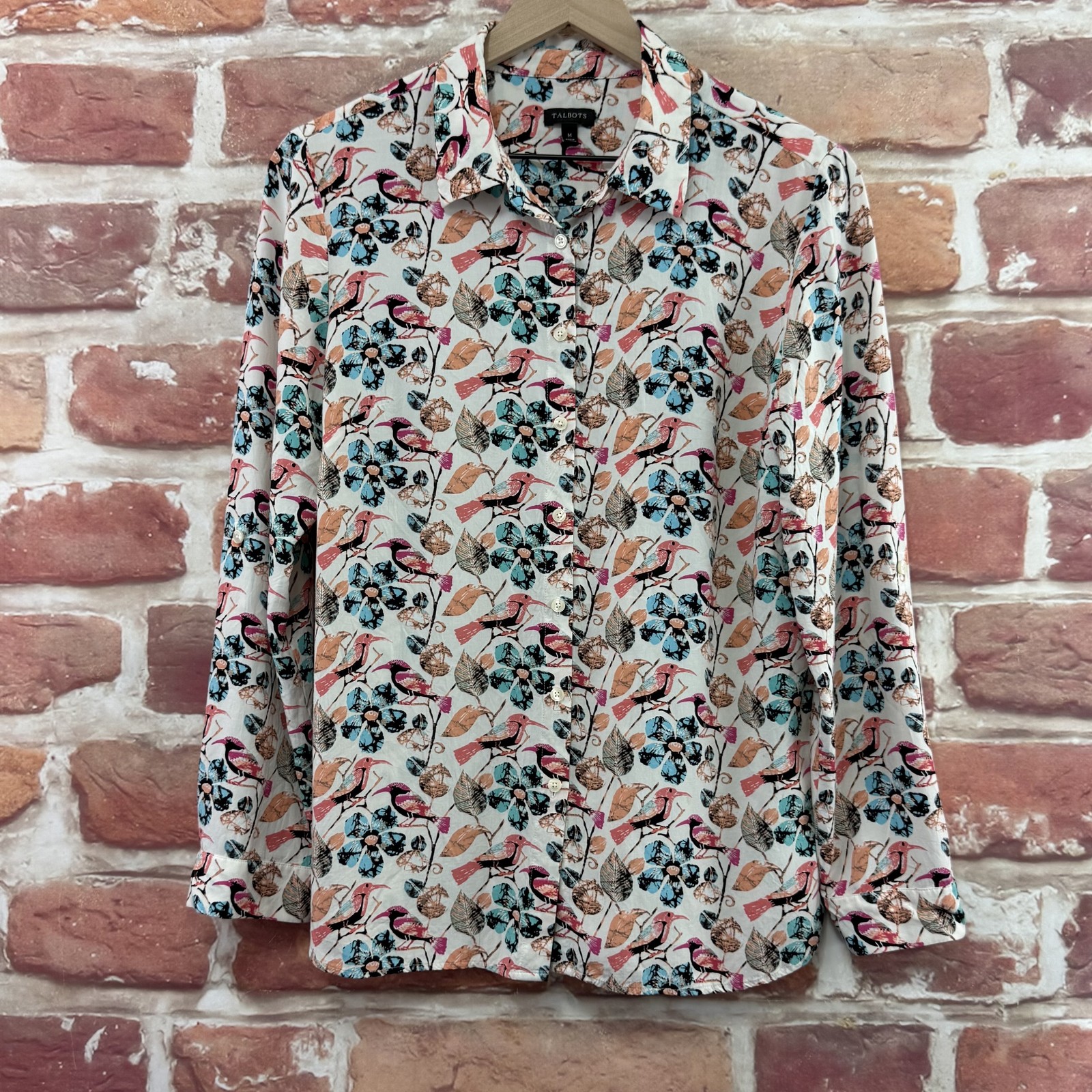 Talbots Top Womens Medium Multicolor Birds Floral Button Up Casual Career Shirt