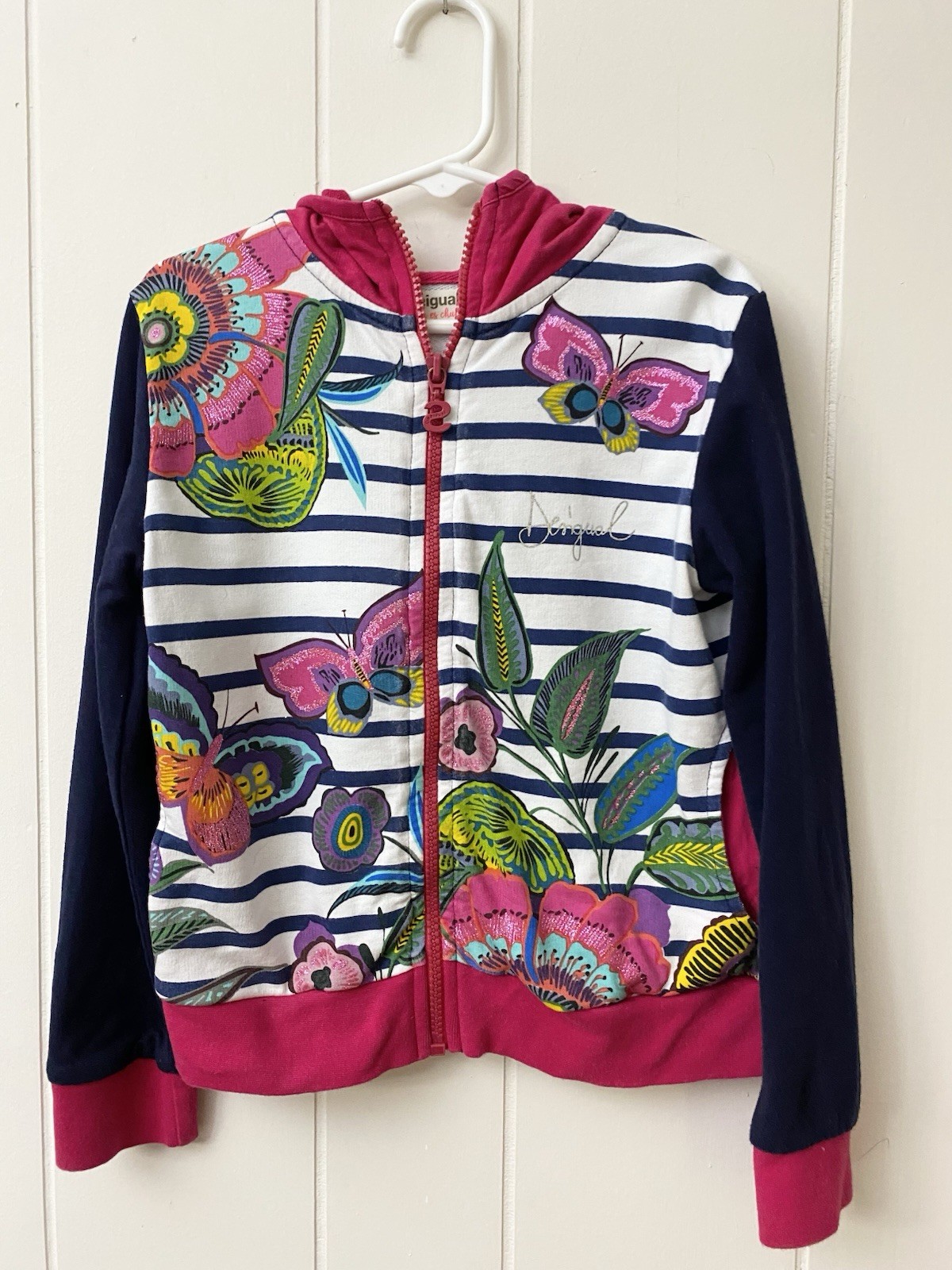 DESIGUAL Girls Graphic Zip Jacket Sweat_Play Style. Size 5/6. Striped Floral EUC