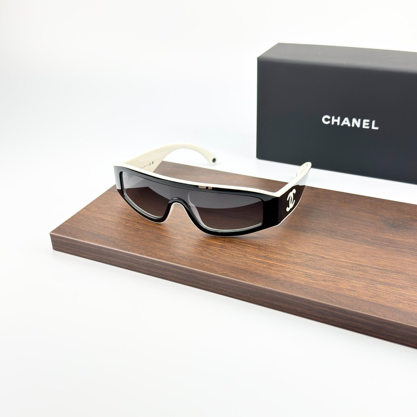 Chanel CH6057 White Black Wraparound Sunglasses Gray Gradient Lenses