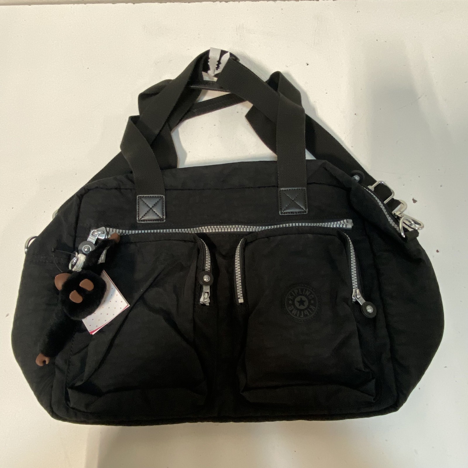 Kipling Black Nylon Large Multi-Pocket Satchel Shoulder Bag Monkey Keychain New