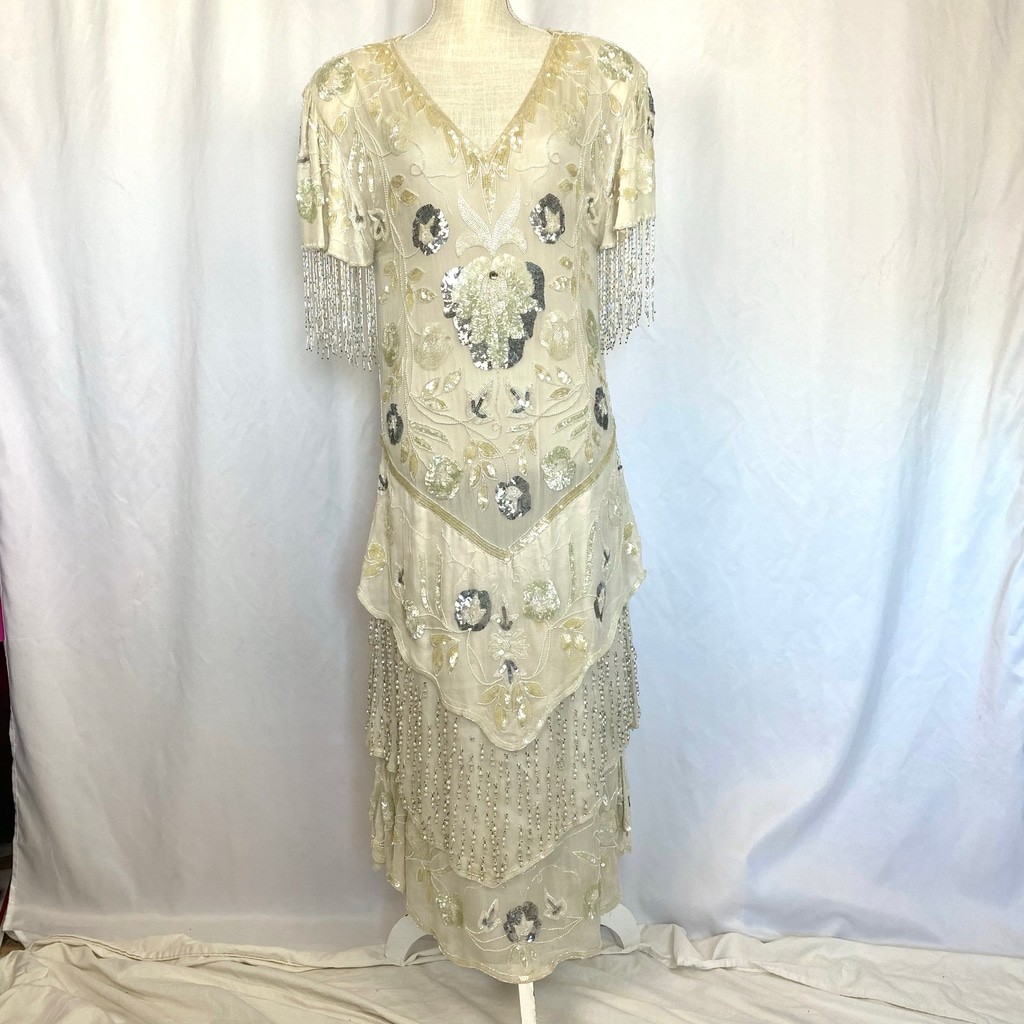 Vintage Beaded Sequined Silk Dress Midi Drop Waist Women\'s M Cream Gorgeous