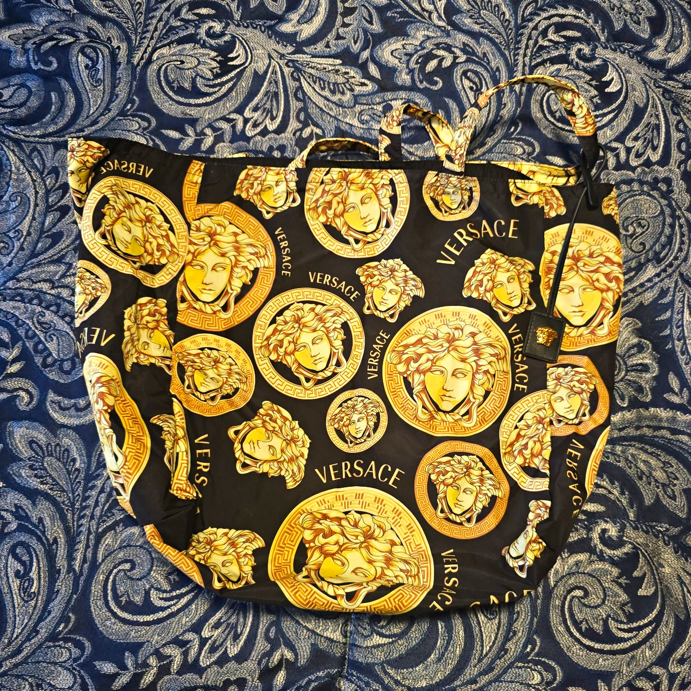 Versace Medusa Logo Print Nylon Tote Bag Black/Gold Large w/ Brand Card