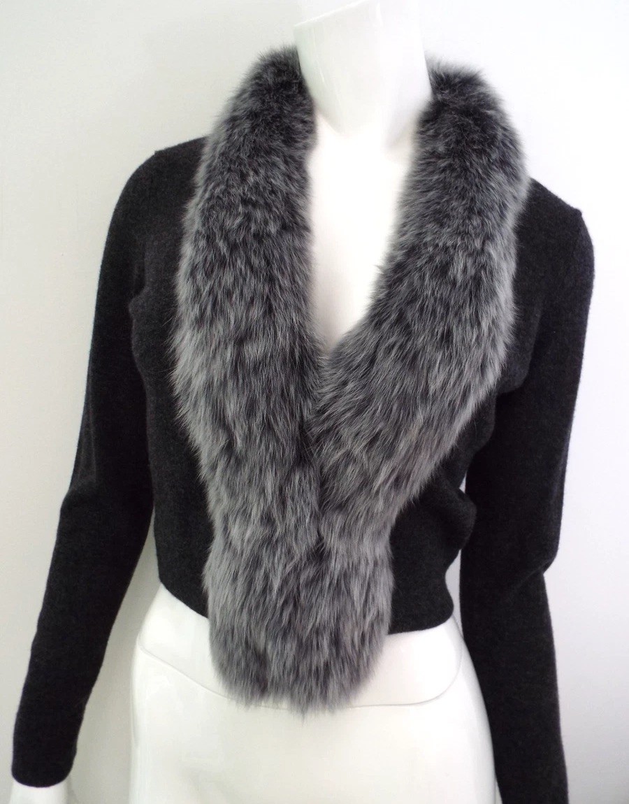 NWT Neiman Marcus Dark Gray Cashmere Fox Fur Cardigan Sweater Extra Small XS NEW