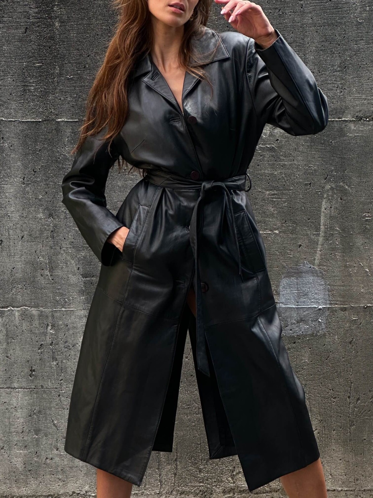 1980s Handmade Long Black Genuine Leather Trench Coat Women’s Belted Style