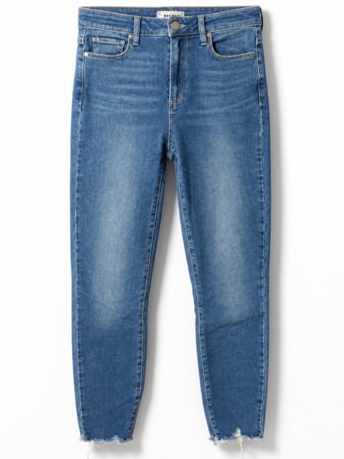 PAIGE Medium Blue High-Rise Skinny Jeans with Frayed Hem