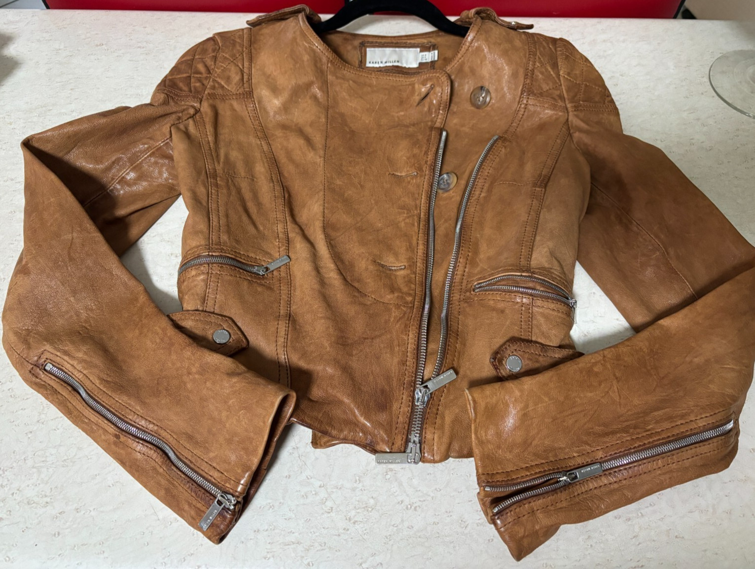 Karren Millen Biker Leather Jacket Asymmetrical Zip Front Size UK8 Jl014/SS/11