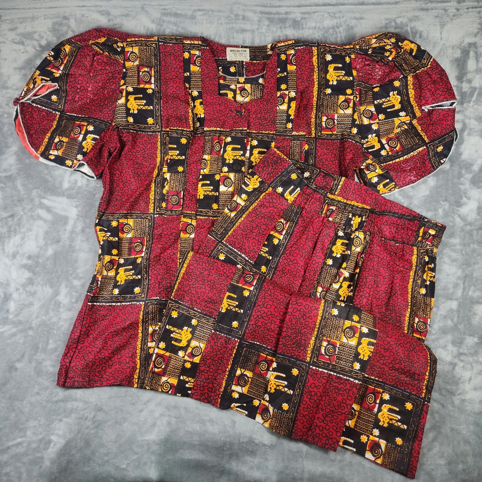 VINTAGE 70s African Star 2 Piece Skirt Set Womens 2XL Red Cotton Made in Nigeria