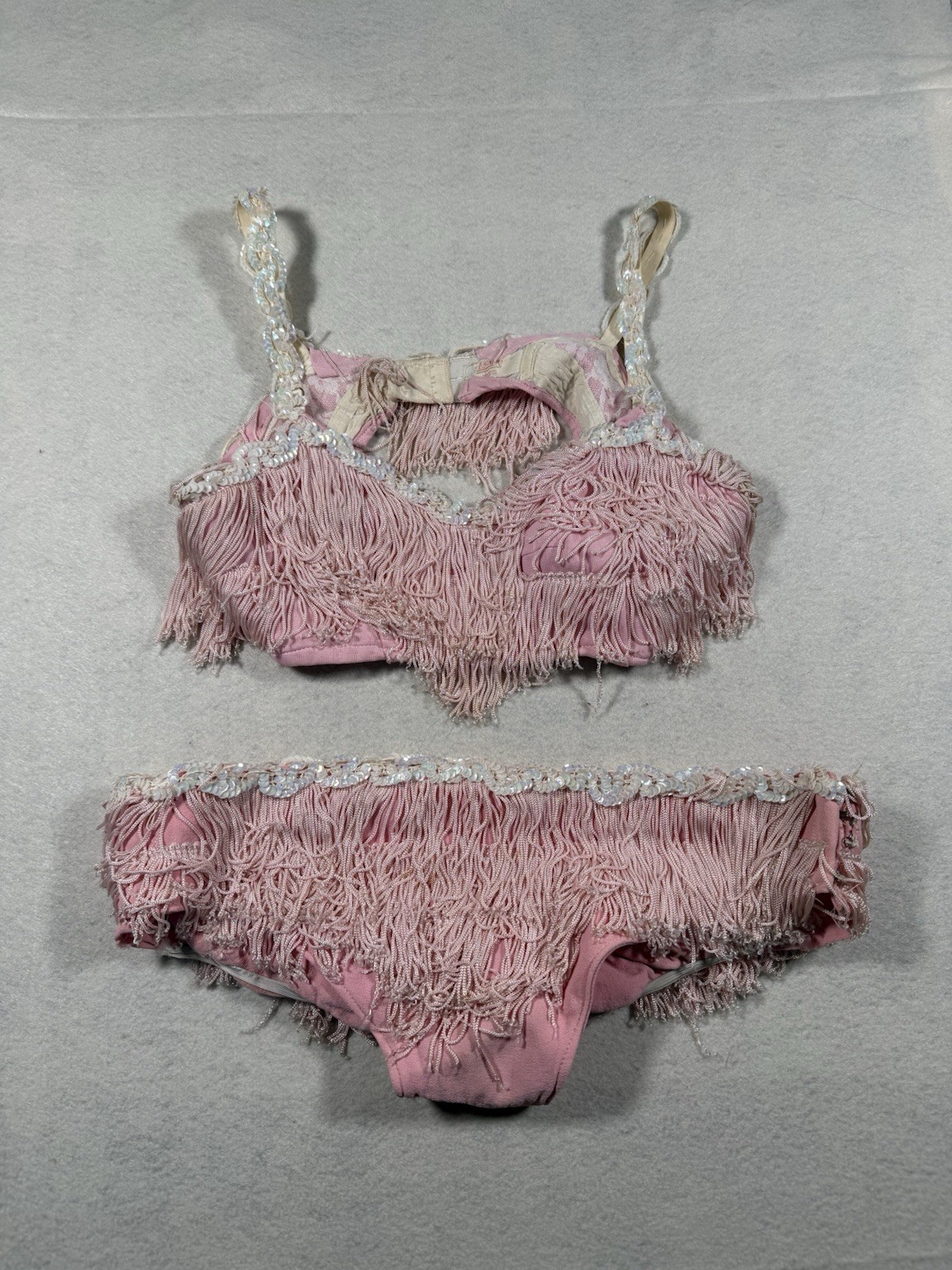 Vintage Handmade 1950s 60s Showgirl Burlesque Costume Pink Fringe Sequin Set 