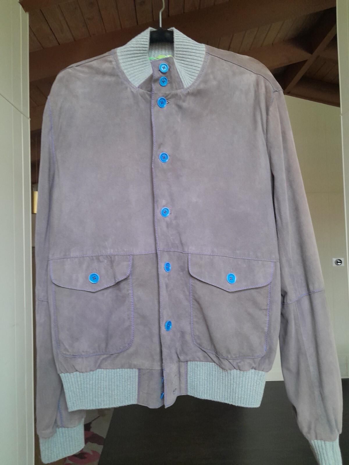 NWT SZ 44US Dimattia/Valstar Italian Suede Jacket-Taupe/Gray&Blue Trim/Buttons