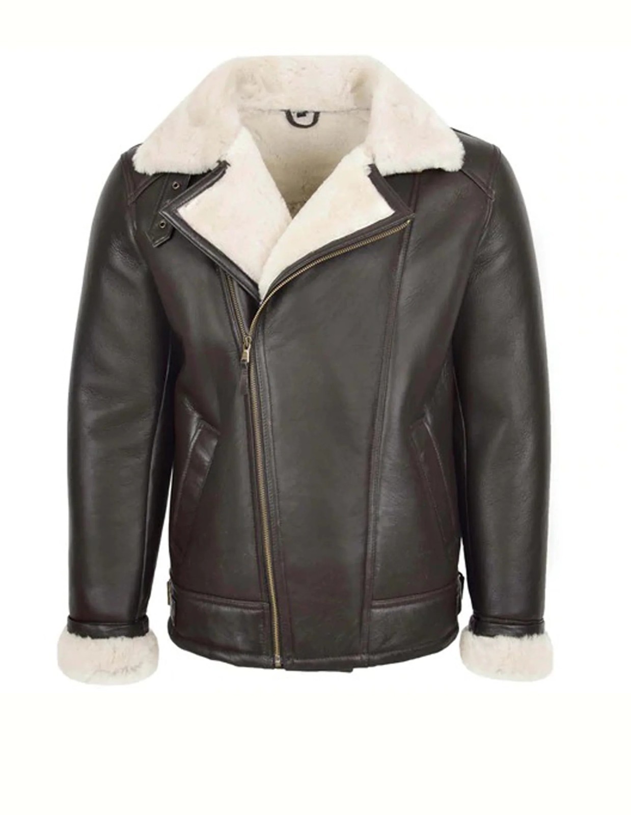 Men\'s Brown Genuine Zip Aviator Biker Jacket Sheepskin Leather Cream Faux Fur