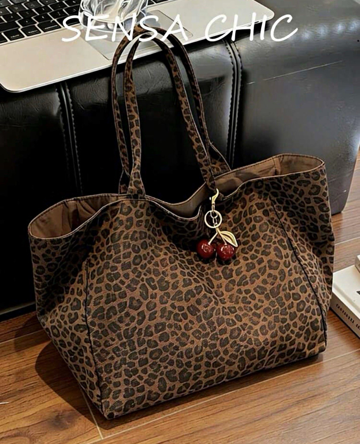 Women’s Leopard Print Large Tote Handbag, Cherry Charm, Brown/Black, Gold