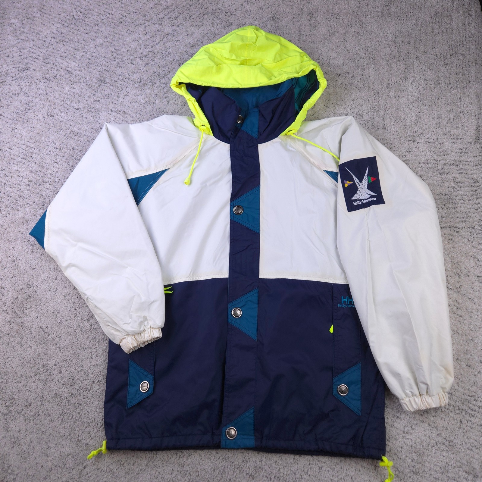 VTG Helly Hansen Jacket Mens Small Twin Sails Sailing Yachting Hooded Tech White