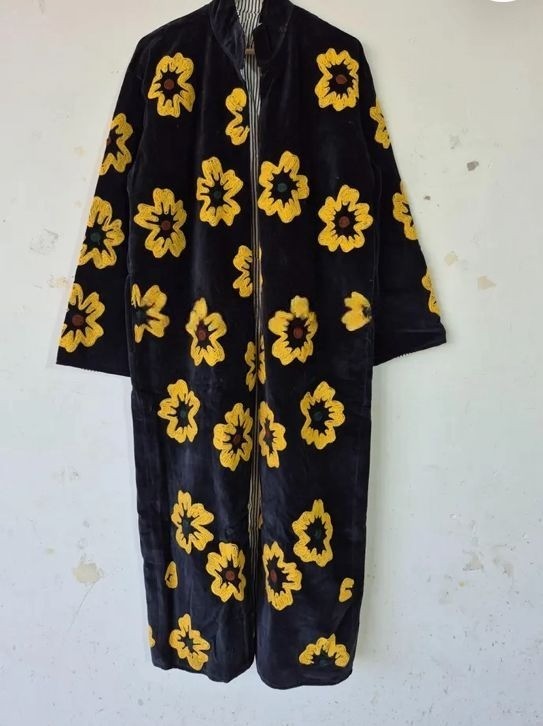 Embroidered Black Velvet Long Coat Wild Cat Tiger Floral Duster Jacket Open Coat