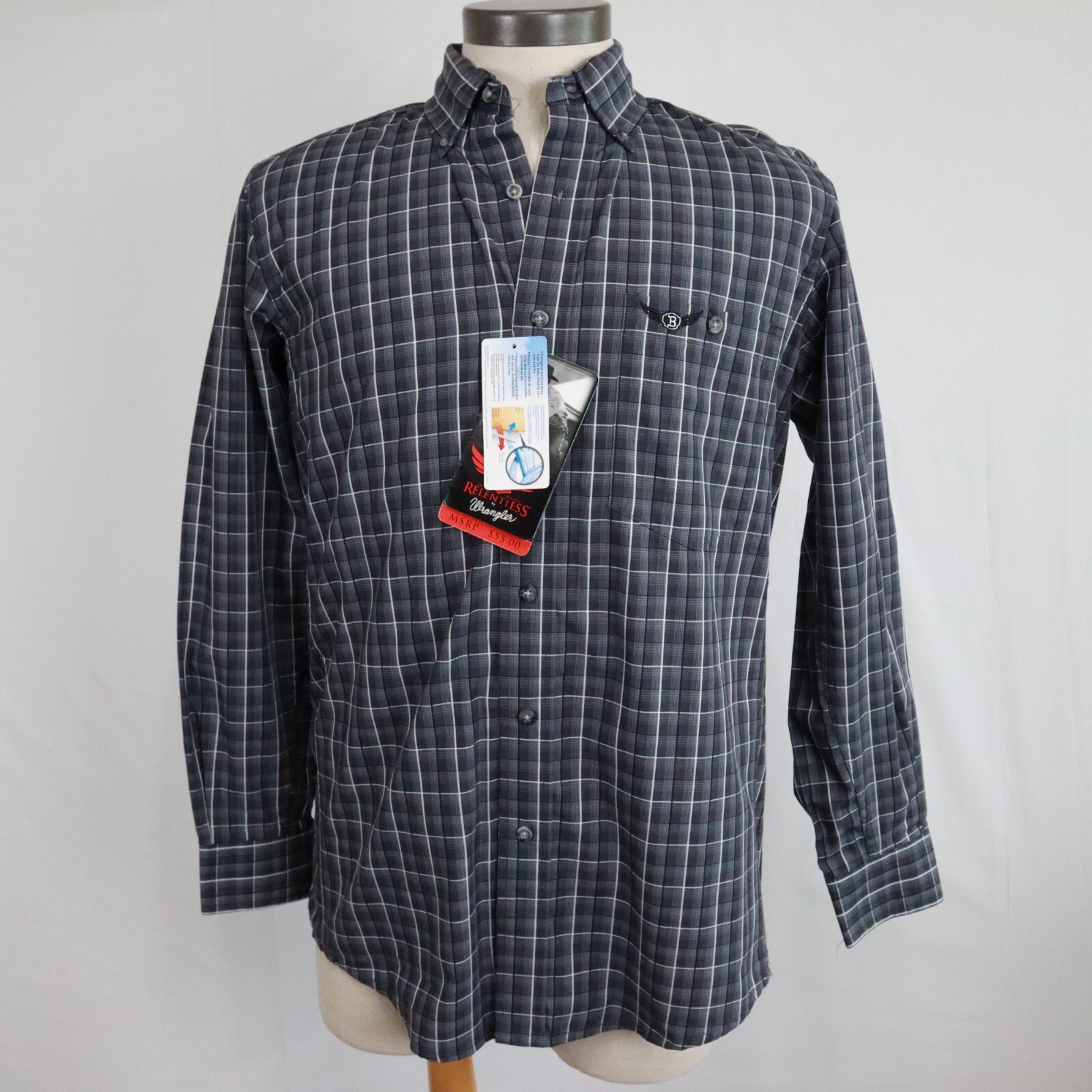 Relentless by Wrangler Shirt Mens Small Button Down Gray Plaid Long Sleeve NWT
