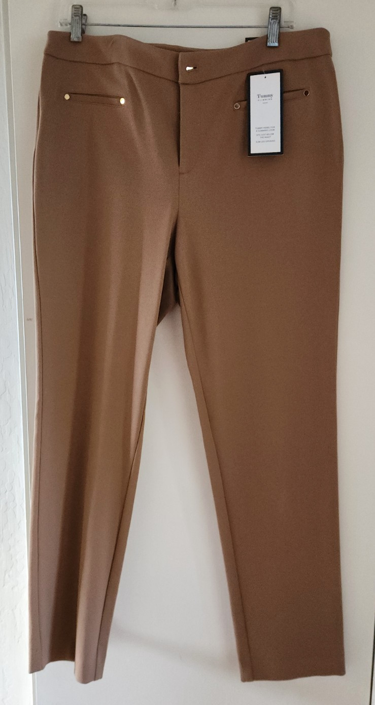 NWT Charter Club Pants Womens 12 Camel Brown Tummy Control Slim Leg Pull On