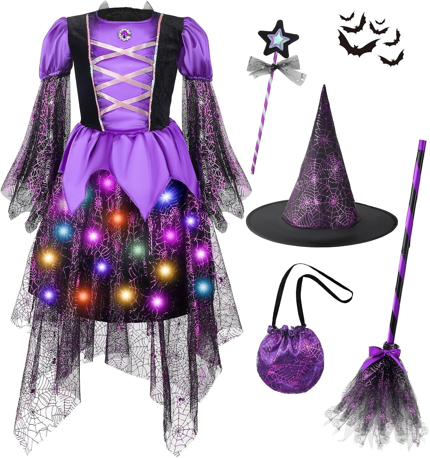 Fashion Witch Halloween Costume for Girls Kids Gift Light Up Dress Set Cosplay