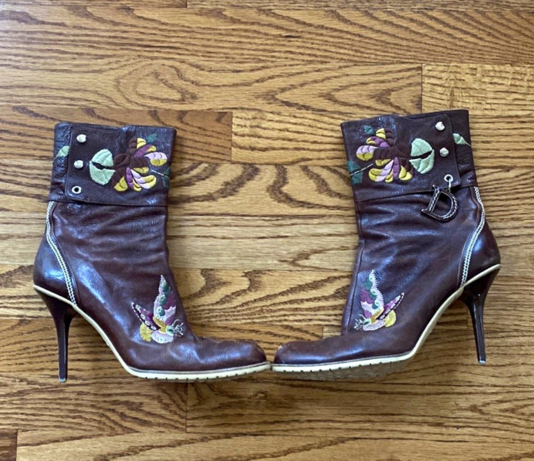 Christian Dior by John Galliano Brown Leather Ankle Bootie Embroidered Floral 