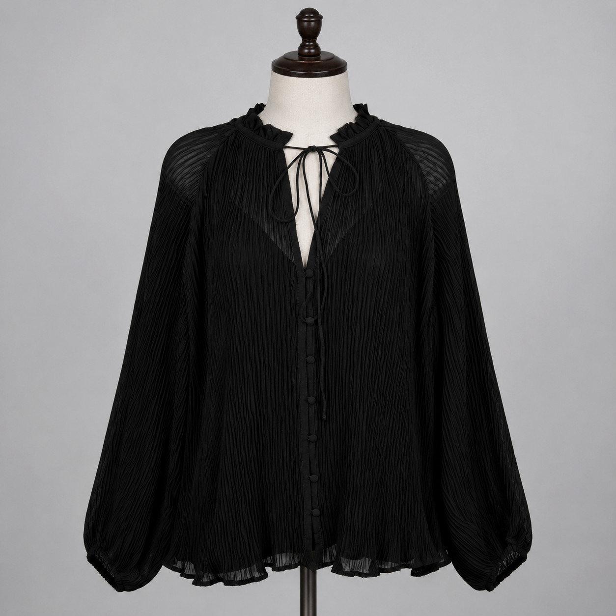 Maje Blouse Womens 3 Large Black Pleated Chiffon Ruffle Button Balloon Sleeve