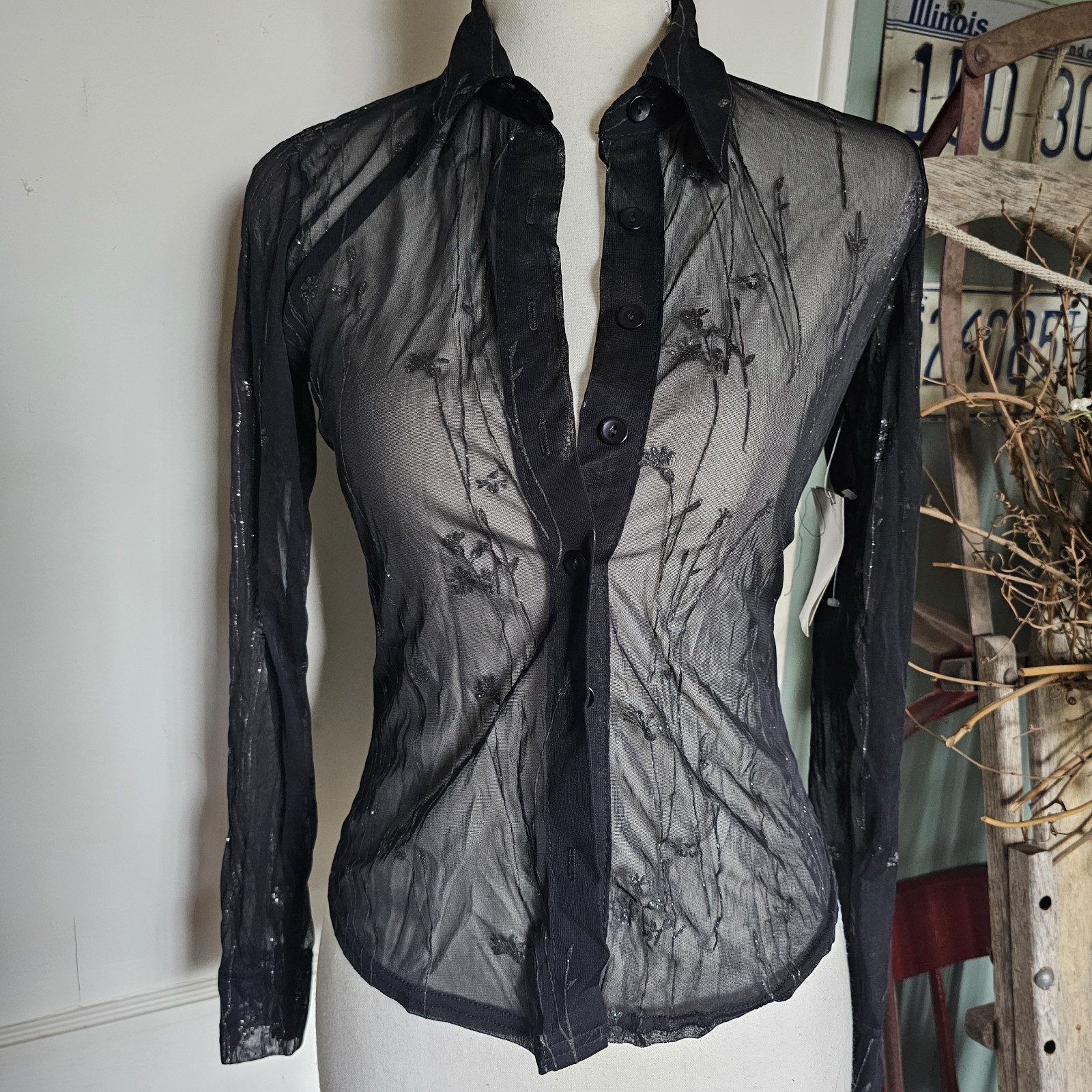 Y2K Vtg Anxiety Cafe Black Floral Glitter Mesh Fairy Top SZ S Whimsigoth 90s NWT