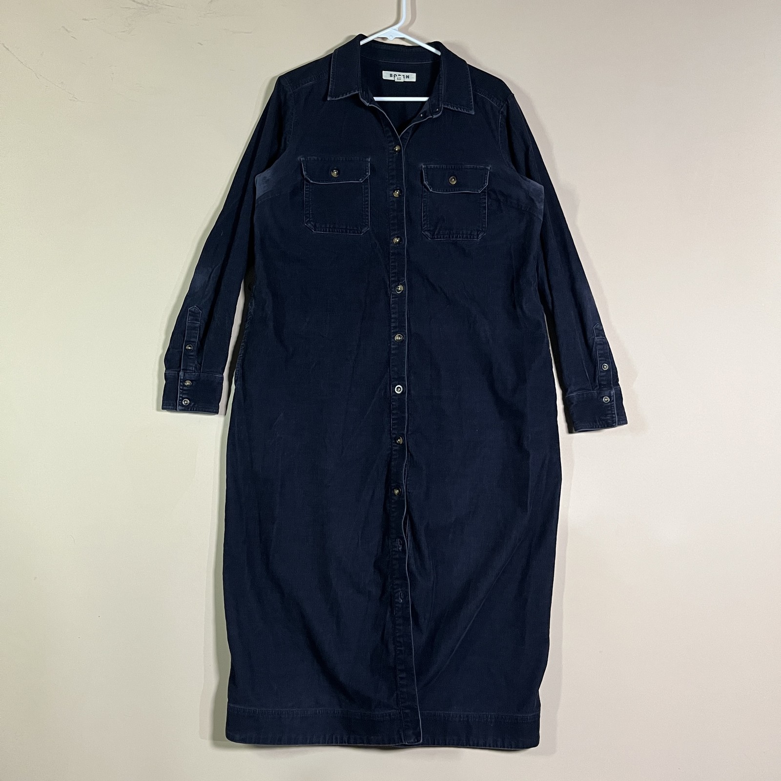 Boden Navy Blue Corduroy Button Front Midi Shirt Dress Women\'s Size 10 Tall