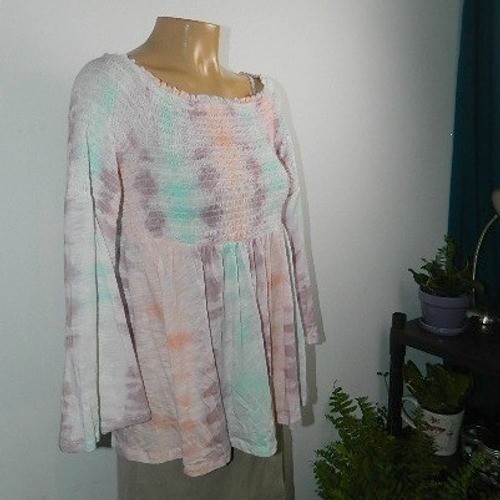 Torrid Babydoll Top Women 00 Pastel Tie Dye Smocked Off Shoulder Bell Sleeve