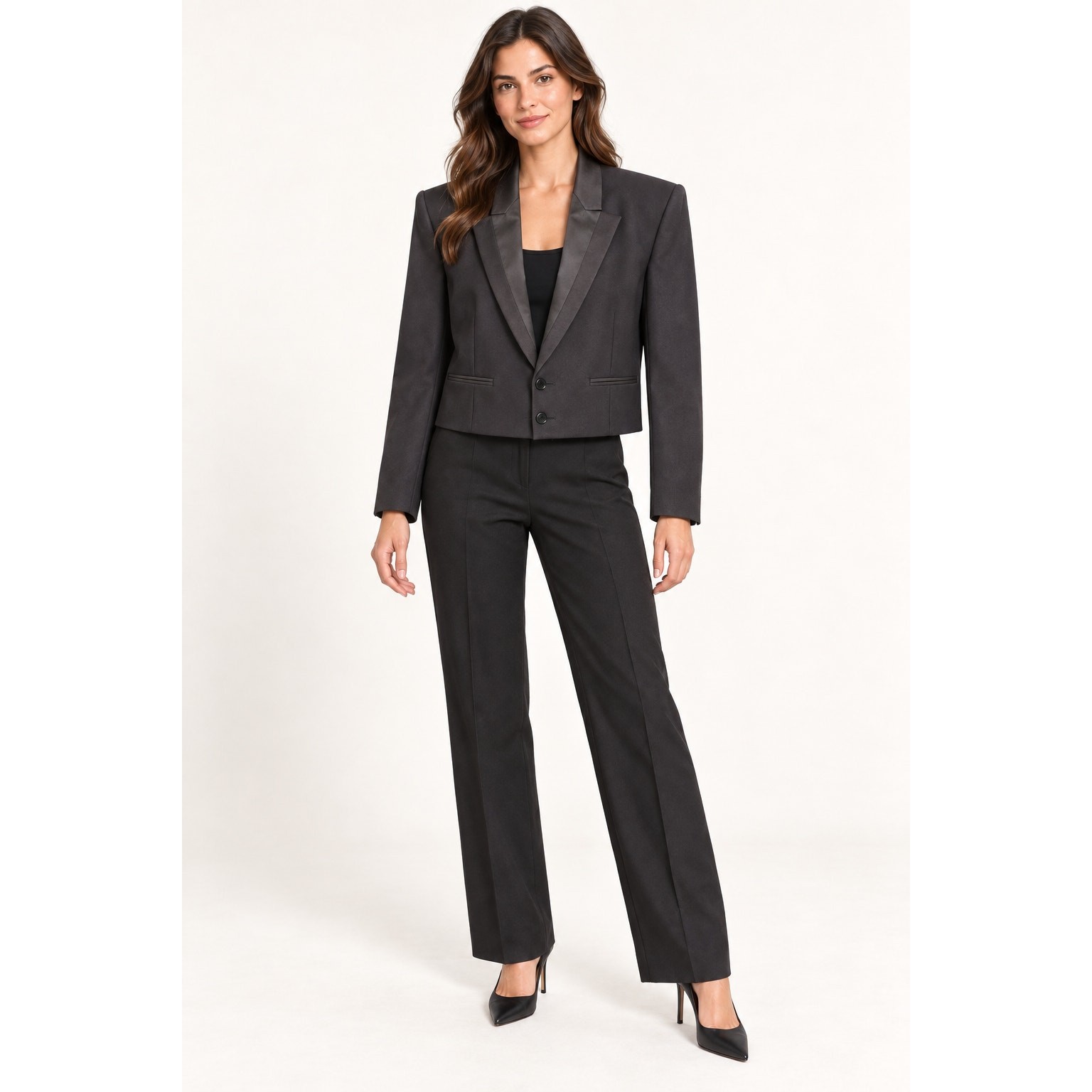 Vintage Women’s Cropped Tuxedo Jacket with Shoulder Pads – Size 8
