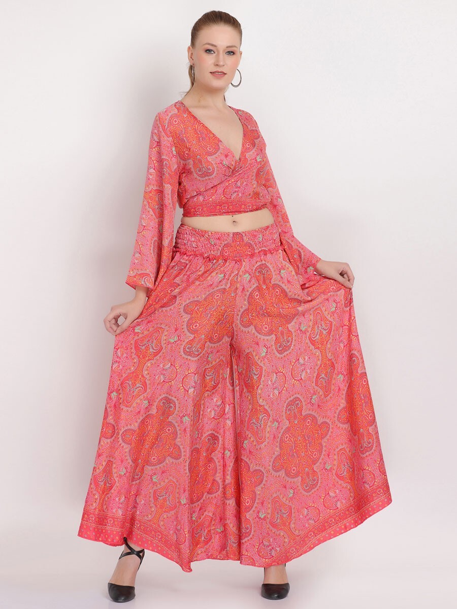 Women Printed Two Piece V Neck Wrap Top & Wide Leg Pant Co ord Sets Dress 10pcs