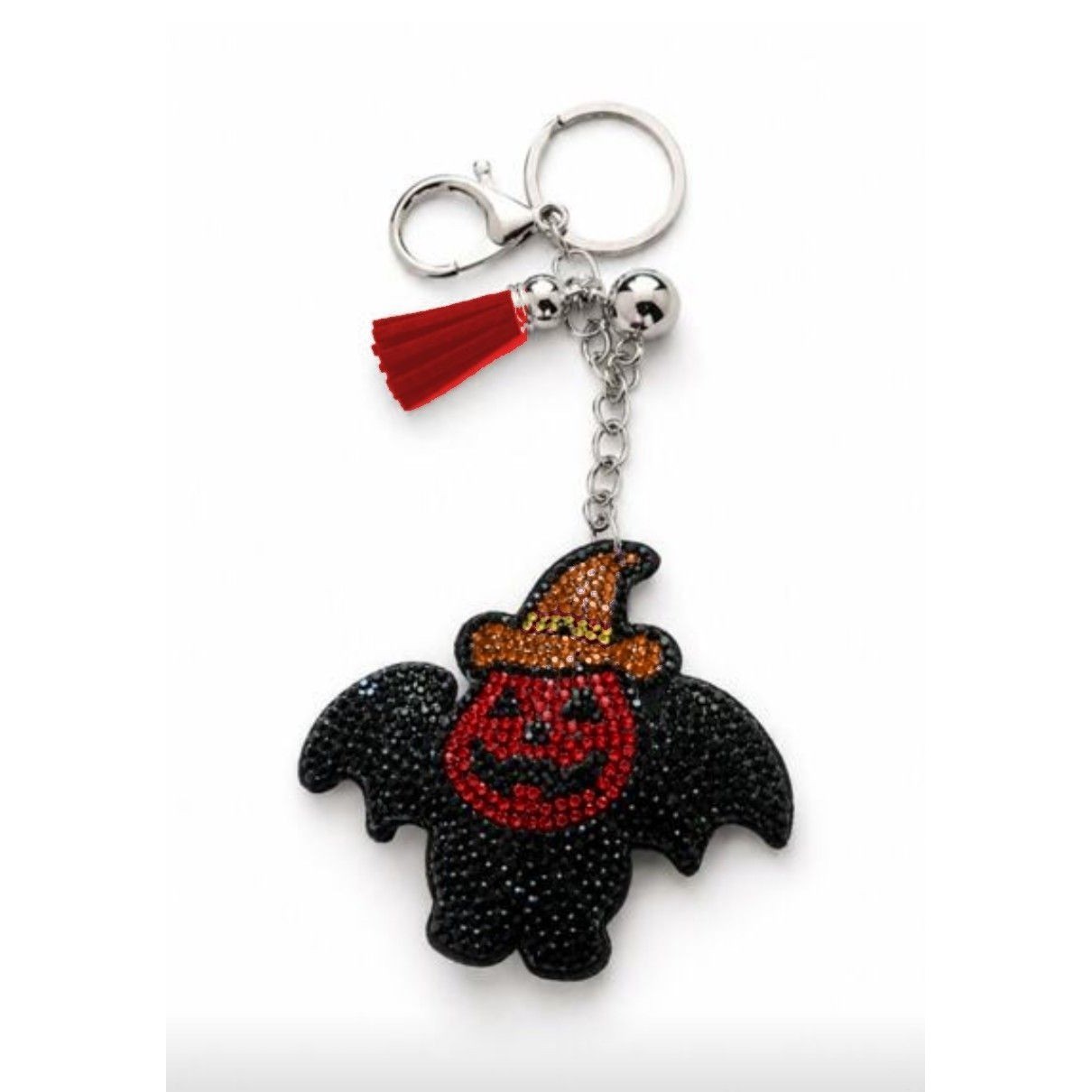 Halloween Rhinestone Bat Bag Charm Pumpkin Witch Hat Red Tassel Keychain