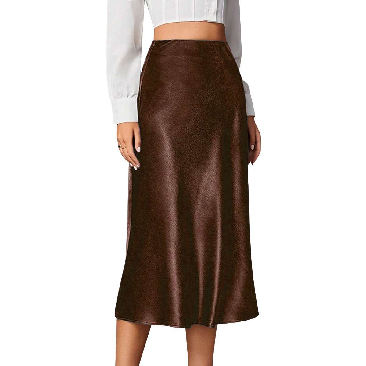 High Quality Women Satin Skirts Silk Midi Length Skirt High Waist Solid A-Line