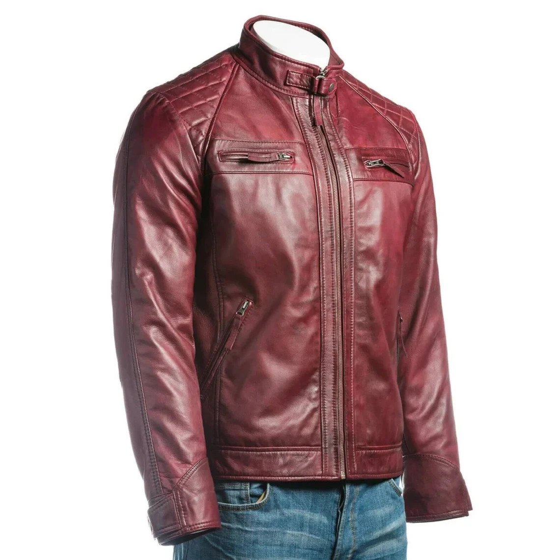Mens Vintage Burgundy Lambskin Leather Classic Smooth Butter Soft Leather Jacket