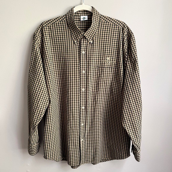 Vintage Universal Studios Shirt Men\'s Large Gingham Navy Blue Tan Theme Park Top