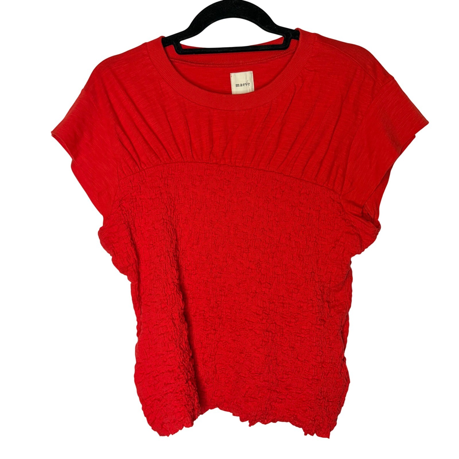 Maeve Anthro Red Textured Gauze Knit Top Size L Boho Mixed Media Cap Sleeve Tee
