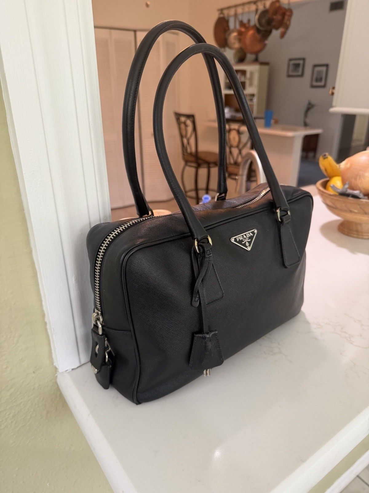 Prada Black Leather Handbag Zip Closure Silver Hardware Dustbag