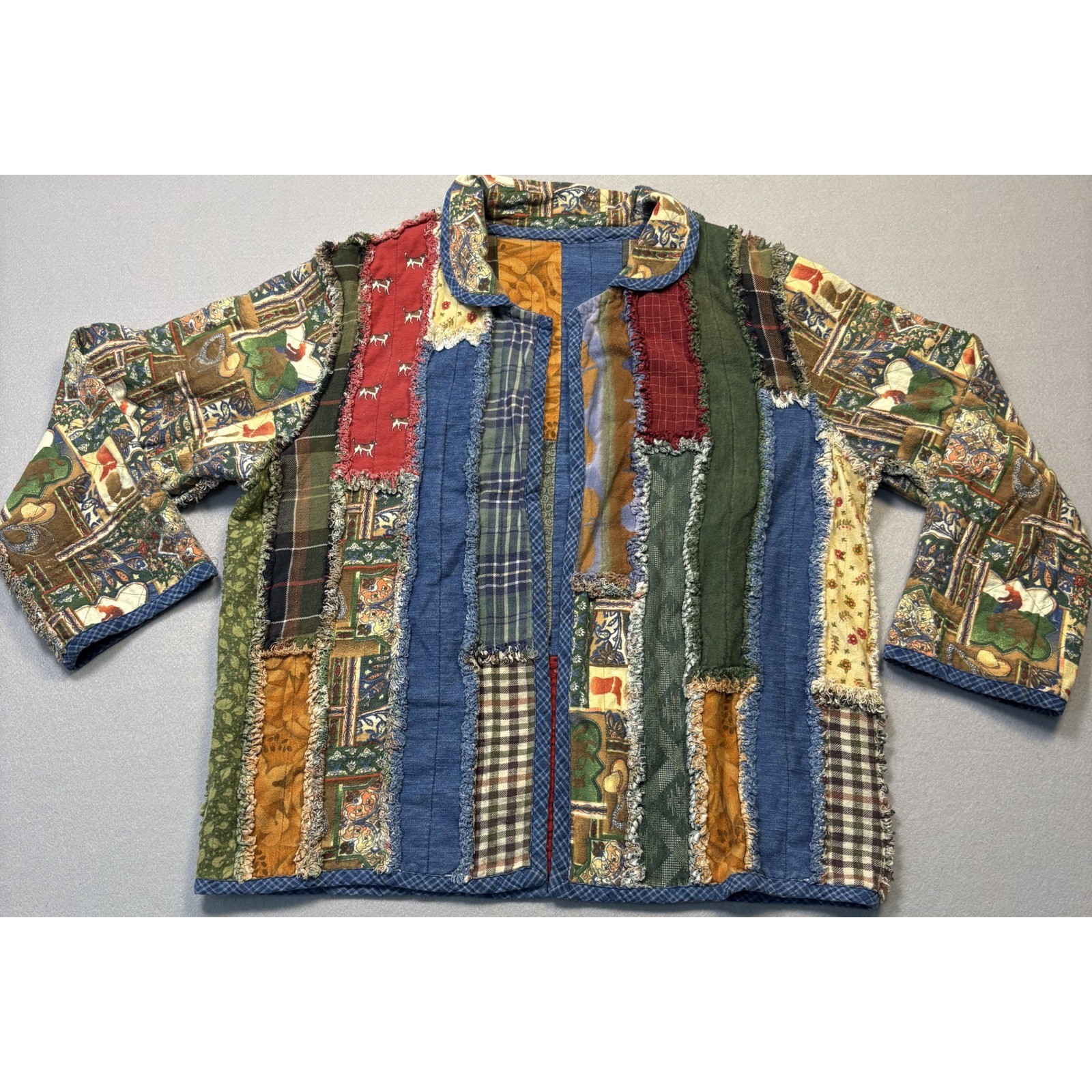 Womens Jacket Multicolor Handmade Patchwork Rag Quilt Western Boho Open Front