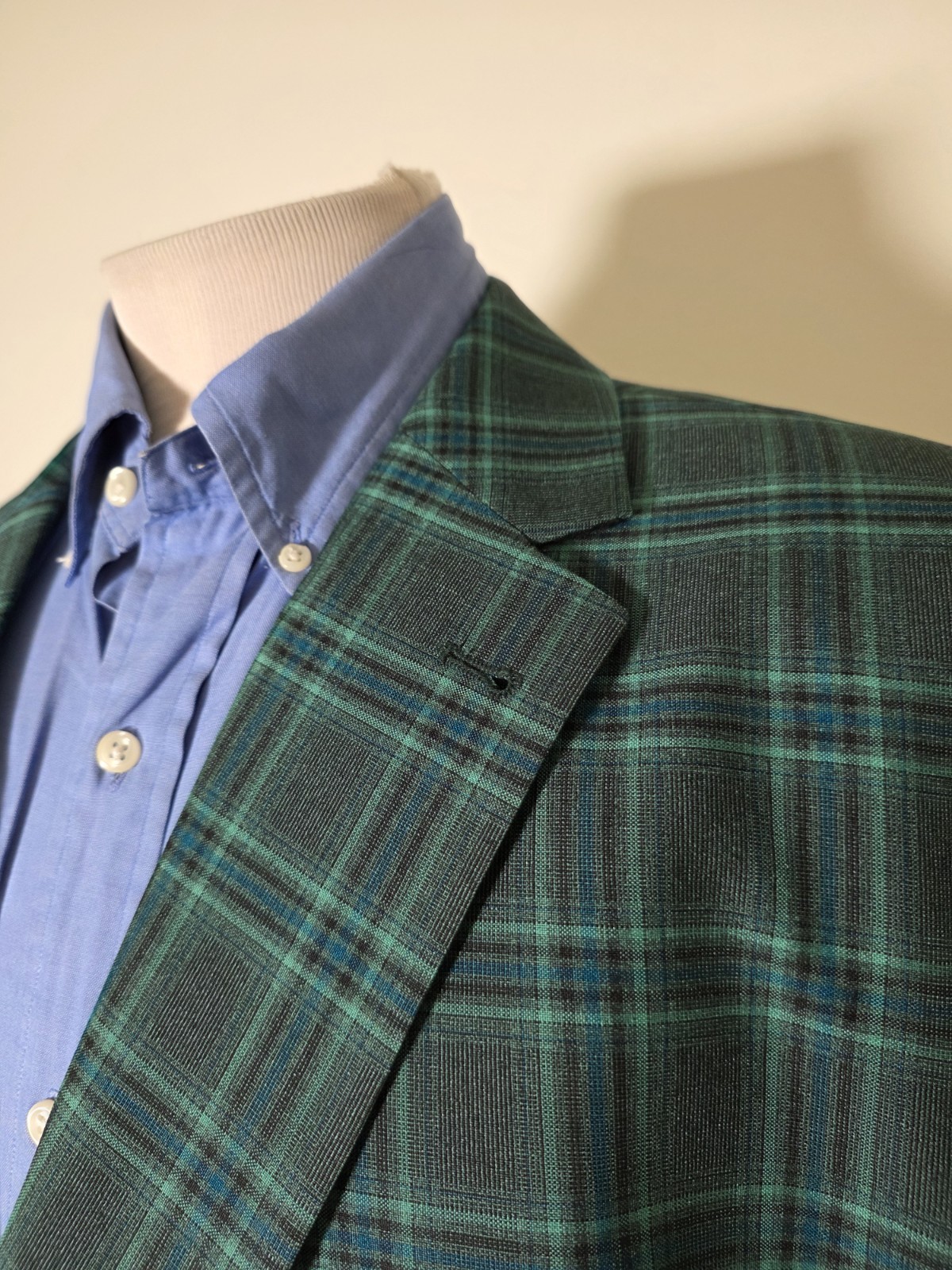 56S PORTLY Teal Green Blue Windowpane Check 4season Polyester Jacket Blazer Coat