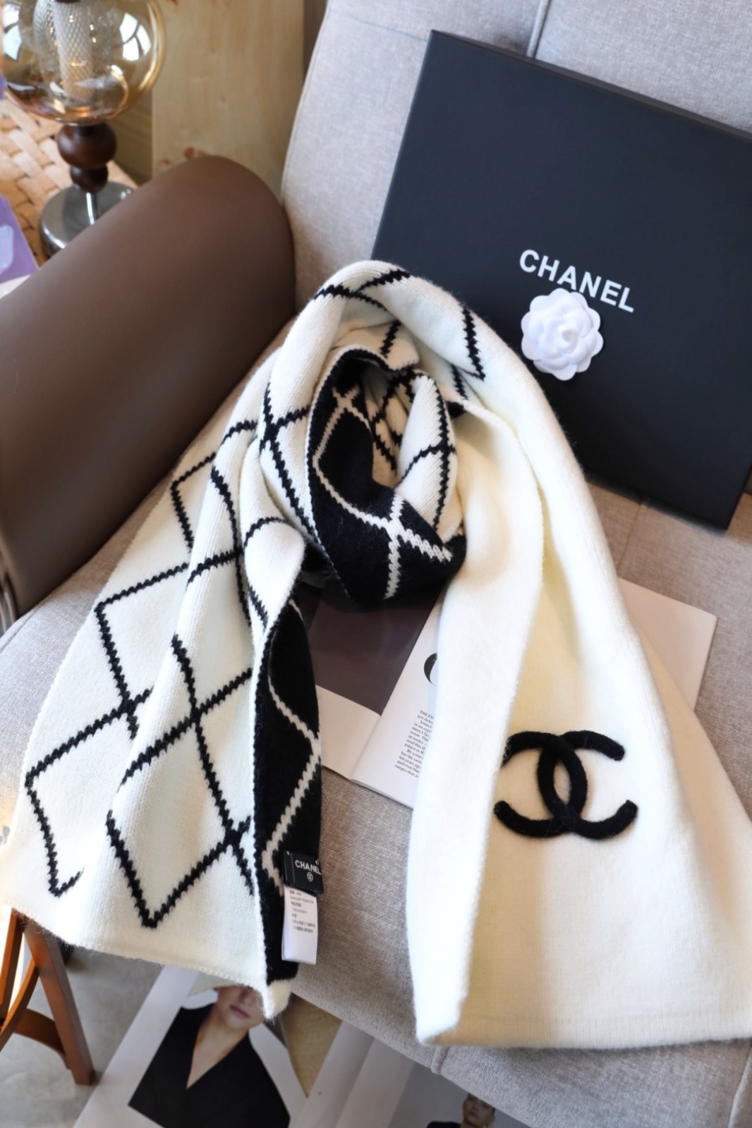 CHANEL Wool Cashmere Scarf Ivory Black Diamond Pattern CC Logo 30x180cm
