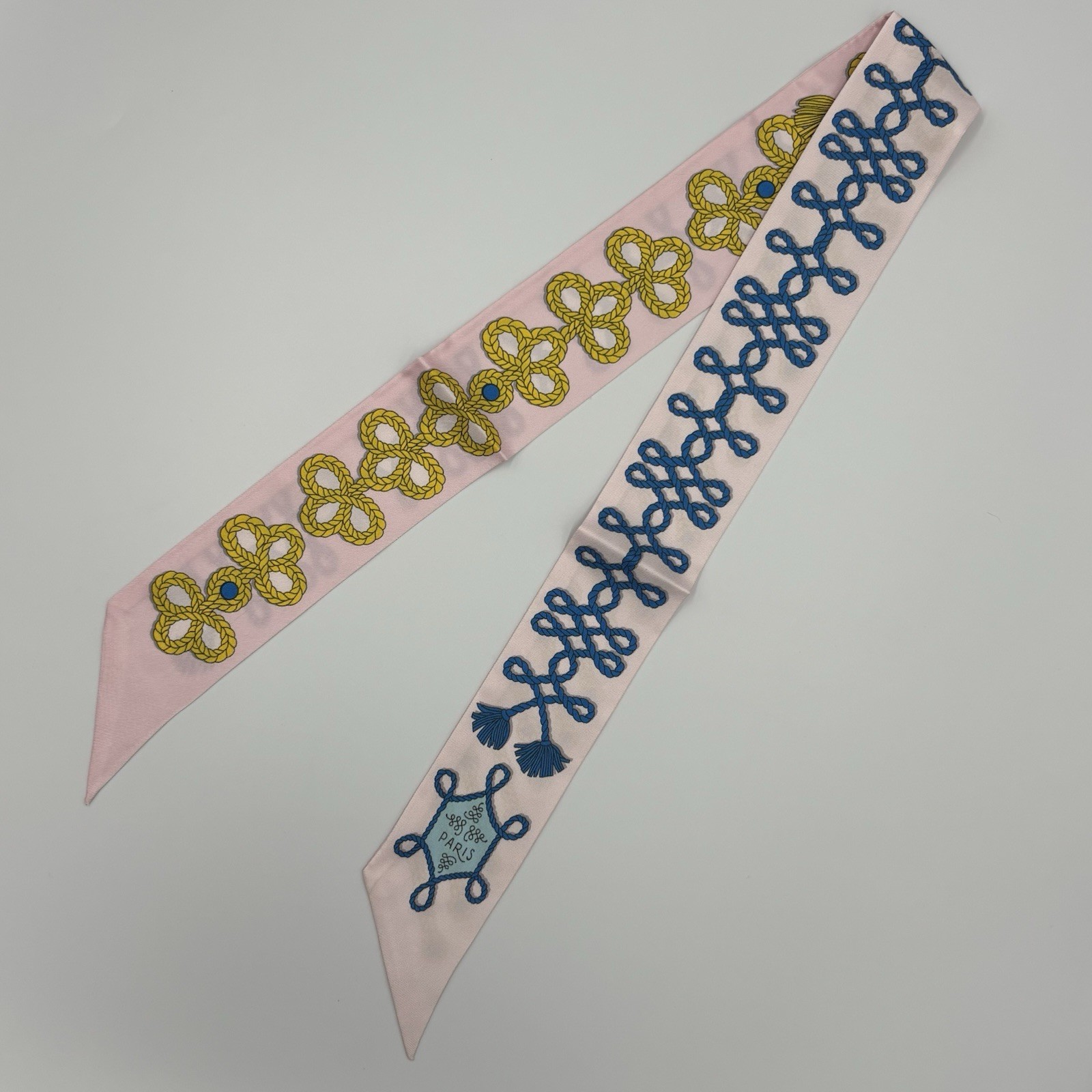 Hermès Galons et Brandebourg Silk Twilly Scarf Pink Blue Yellow Rope Print